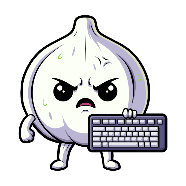 A mascot character of a garlic holding a keyboard, with a confused and angry expression.