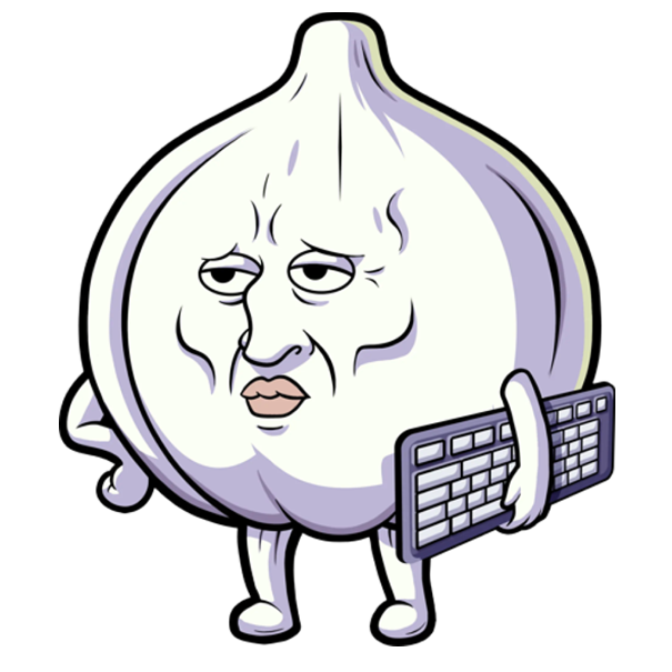 A mascot character of a garlic holding a keyboard, with a confused and angry expression.